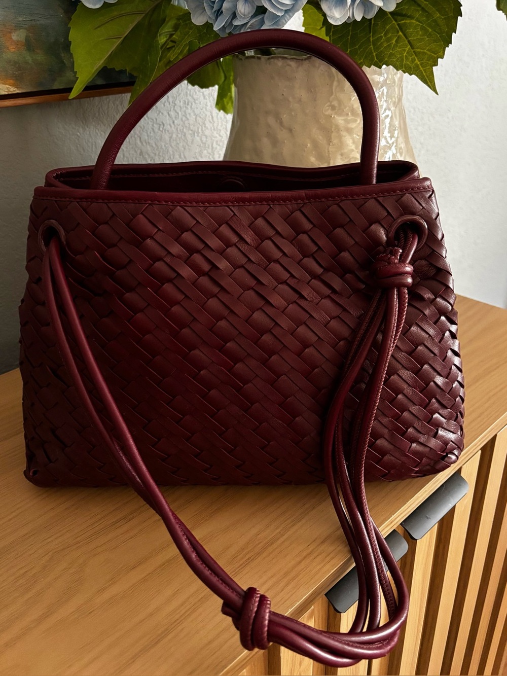 Walter Baker Leather Woven Shoulder Bag in Deep Burgundy